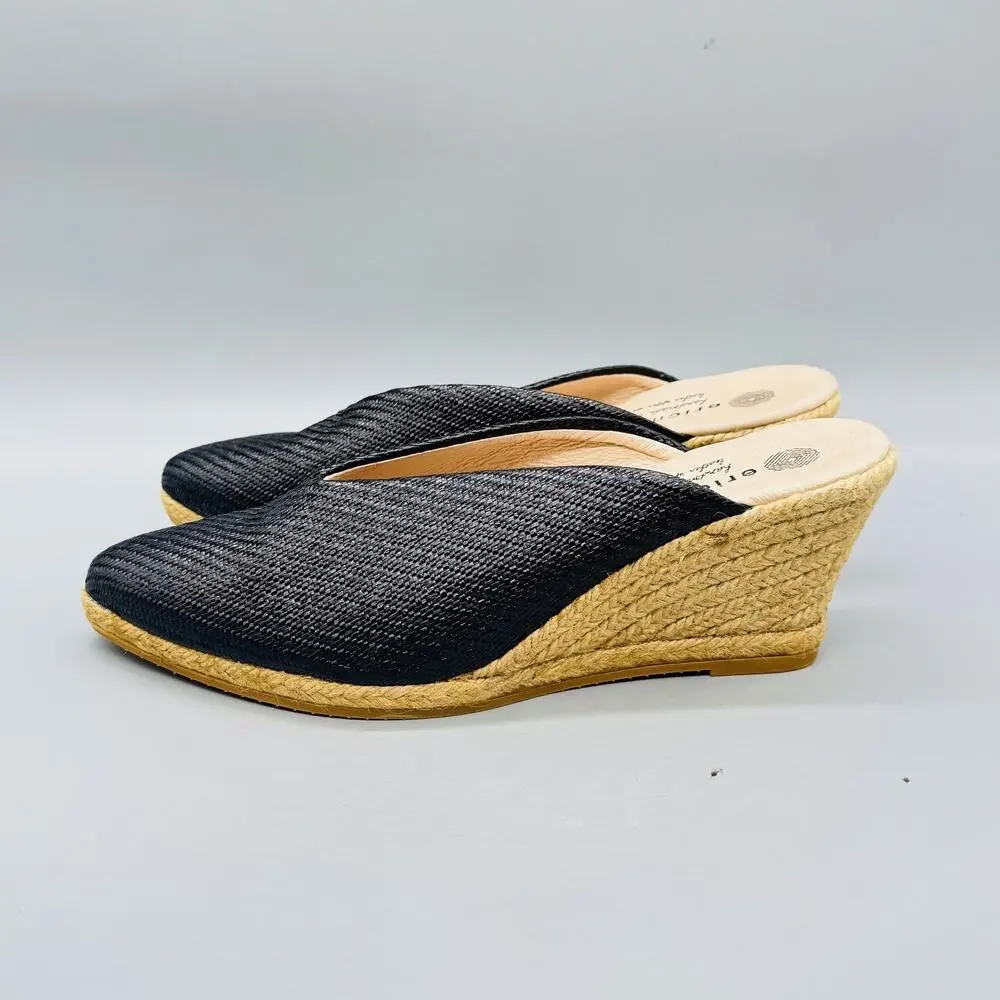 Eric Michael‎ Shoes Womens 8 Black Leather Espadrille Wedge Mule Heels Slip On